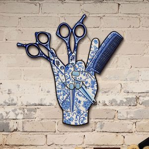 Blue Floral Hair Stylist Wooden Sign – Barber Salon Decor Wall Art with Scissors & Comb – Hairdresser Gift for Salon Professional